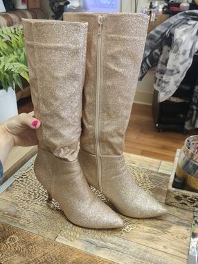 Glitter Pointed-Toe Knee-High Boots - Gold